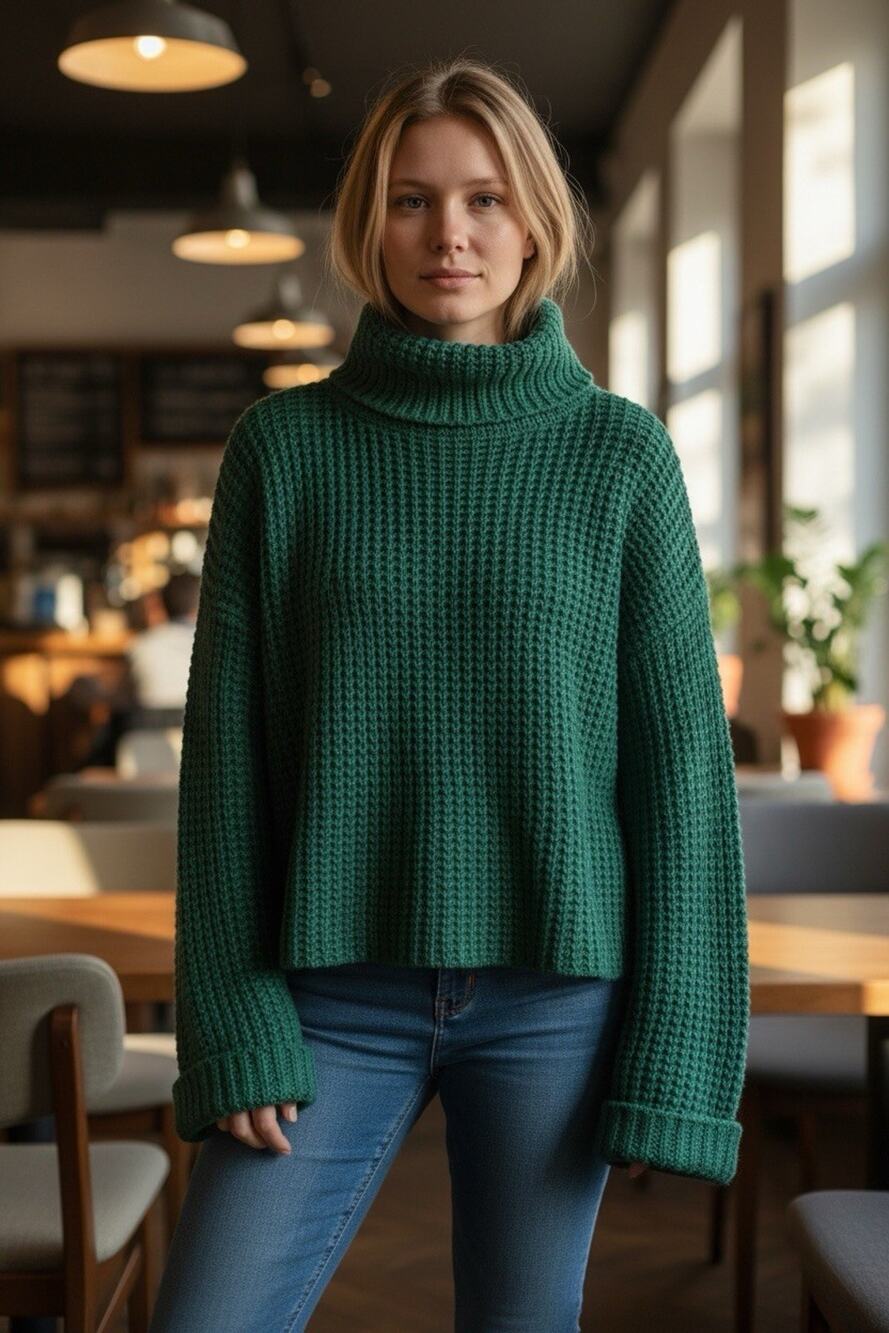 Pink Lily Waffle Knit Sweater Womens Large Green Turtleneck Pullover Long Sleeve